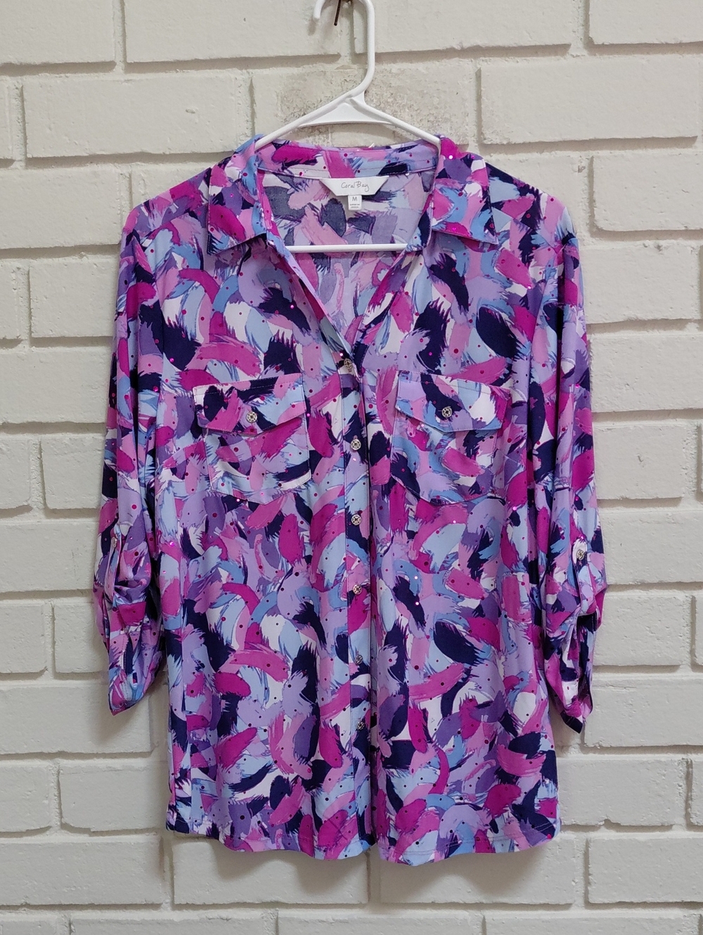 Coral Bay Multicolor Sequn  Button-Down Shirt Size Medium NWOT